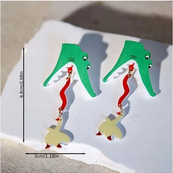 14k Crocodile & duck whimsical kawaii novelty earrings - Picture 2 of 6